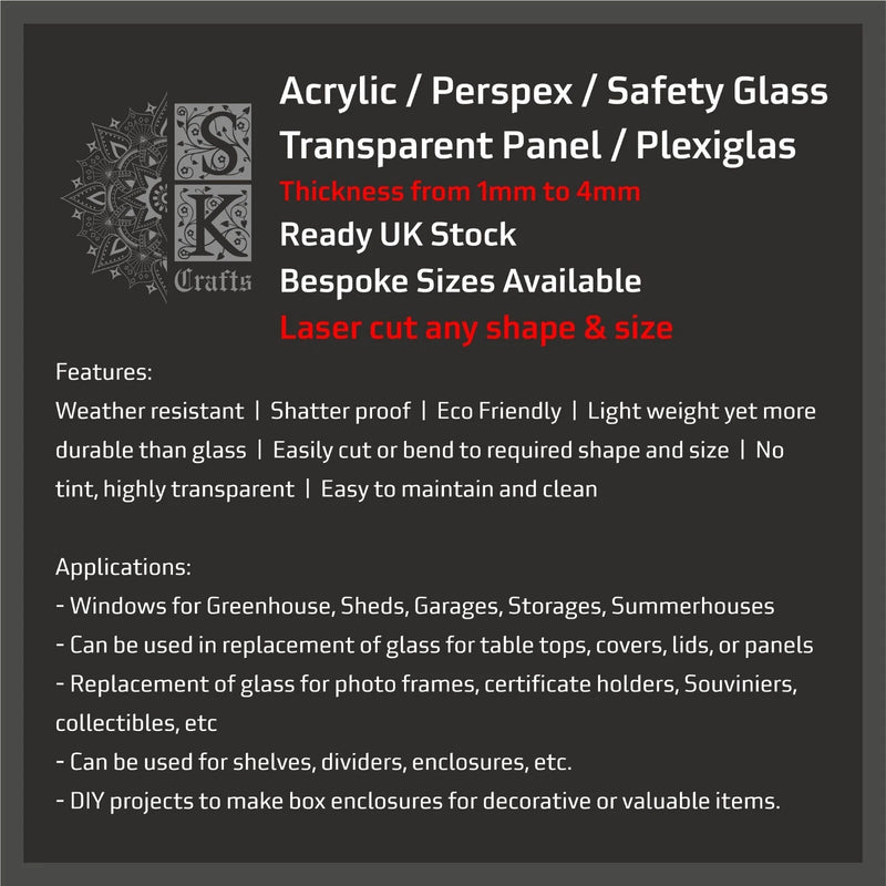 Square Acrylic Perspex Plastic Sheet Panels, 1mm, 2mm, 3mm, 4mm, 6mm, Clear